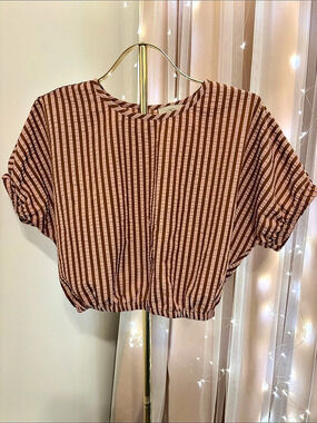 LOFT Striped Poplin Ruched Bubble Shirt Brown & White Top